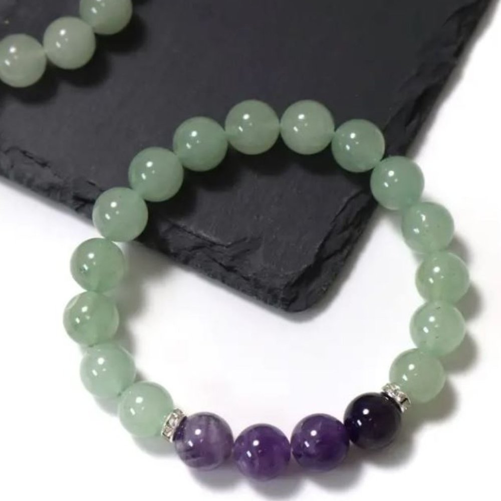 10mm Polished Natural Green Adventurine & Amethyst Stone Bead Stretch Bracelet